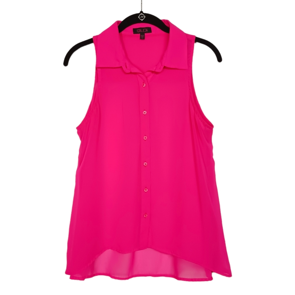 GLO JEANS Neon Vibrant Pink Button Front Sleeveless Semi Sheer Top Large